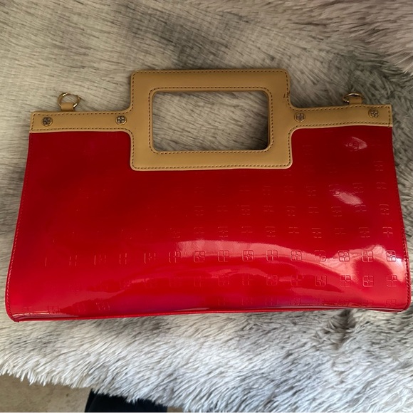 IMAN Red & Tan Vegan Patent Leather Handbag - EUC **Missing shoulder strap - Picture 9 of 9